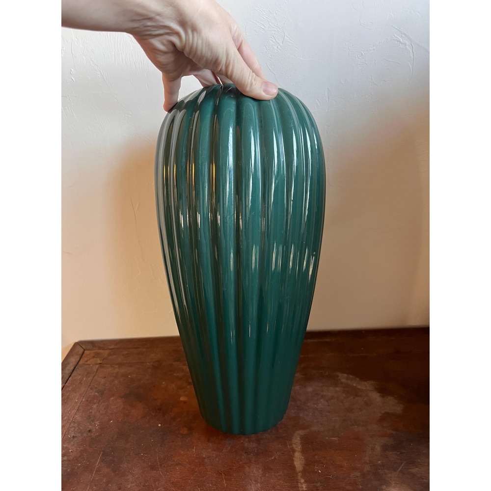 Large Vintage Dark Green Ribbed Haegar Vase Dark Academia Style - Picture 7 of 7